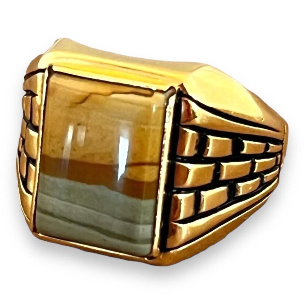 Vintage 1960s Clark & Coombs Jasper Ring Size 9 18K Gold Plate - 14A